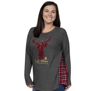 Plaid Top Sparkle Reindeer Womens Size M  Red Sequin Gray Mixed Media Christmas